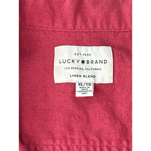 Lucky Brand Linen Blend Men Size XL Short Sleeve Camp Shirt Chest Pockets Red - Picture 2 of 6